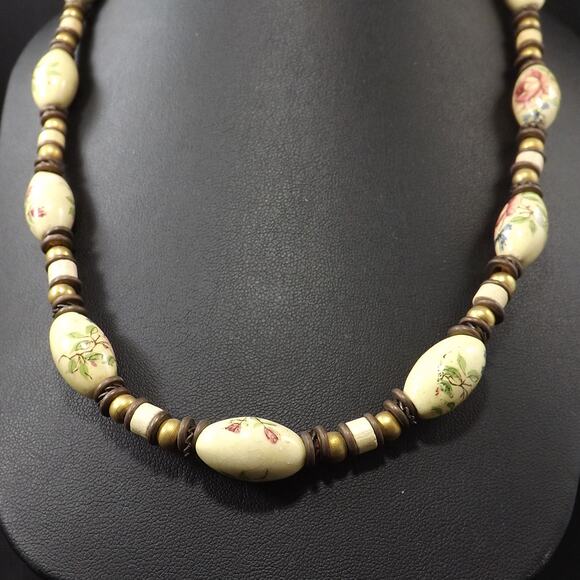 Vintage Porcelain Artisan Necklace, Floral Beads Leather, 1970s Vintage Jewelry - Picture 4 of 10